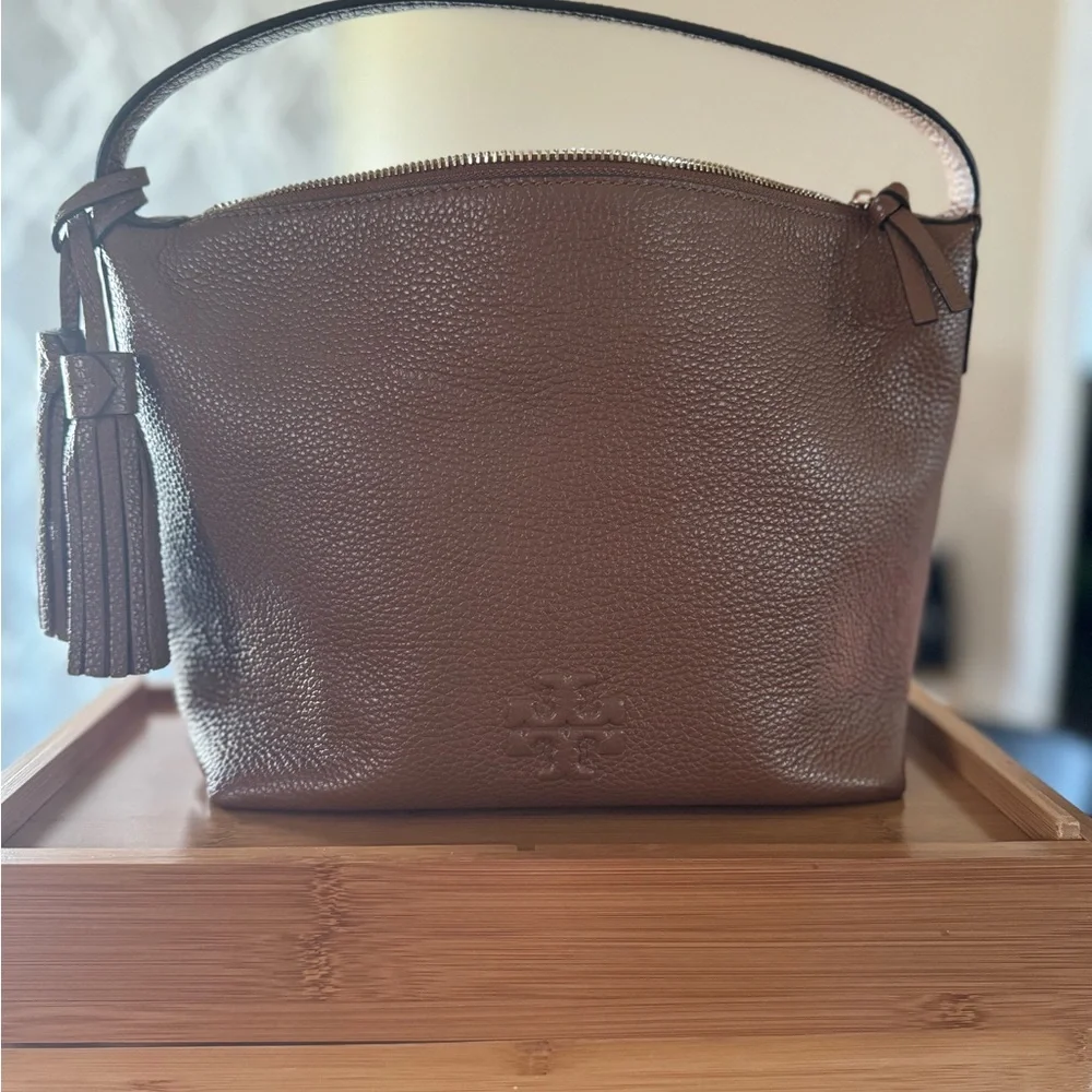 Tory Burch Brown Pebbled Leather Hobo Satchel with Tassel